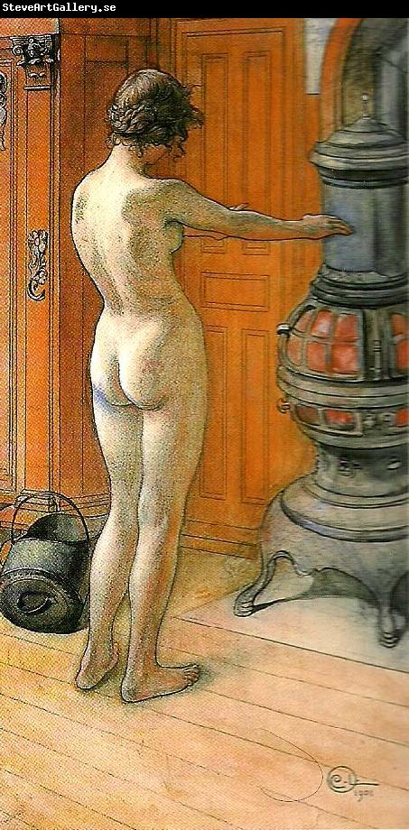 Carl Larsson leontine staende , naken rygg- naken flicka framfor kamin- framfor kaminen
